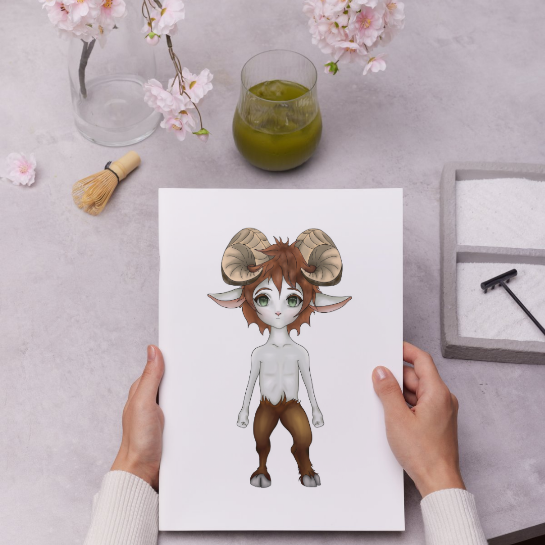 Person holding a print of a creature with faun features on a table with flowers and a glass of green liquid.