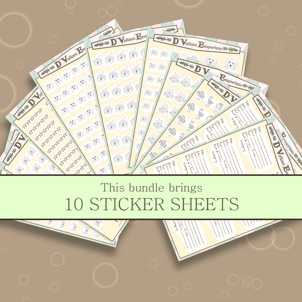 Bundled sticker sheets with decorative border and text on a patterned background