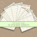 Bundled sticker sheets with decorative border and text on a patterned background