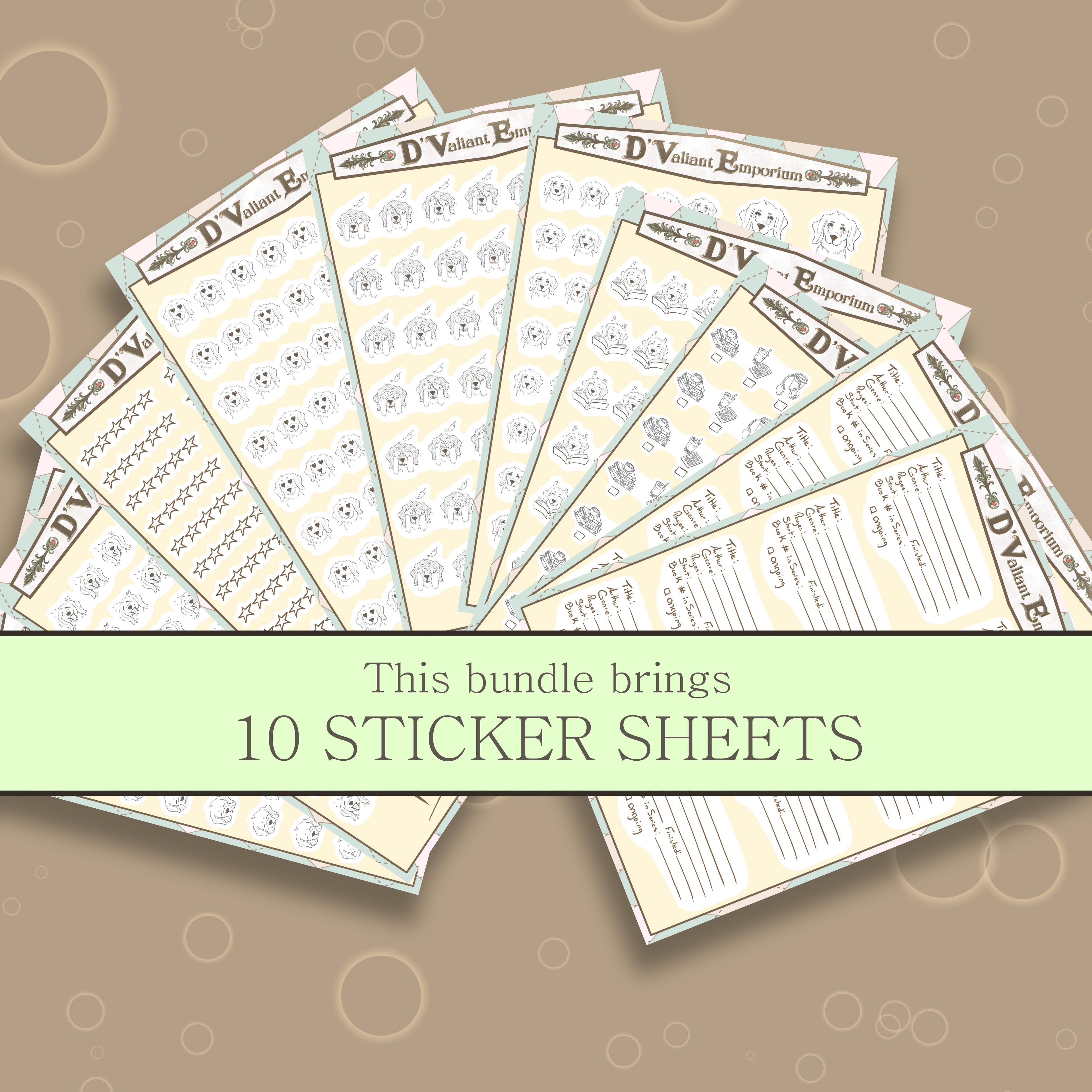 Bundled sticker sheets with decorative border and text on a patterned background