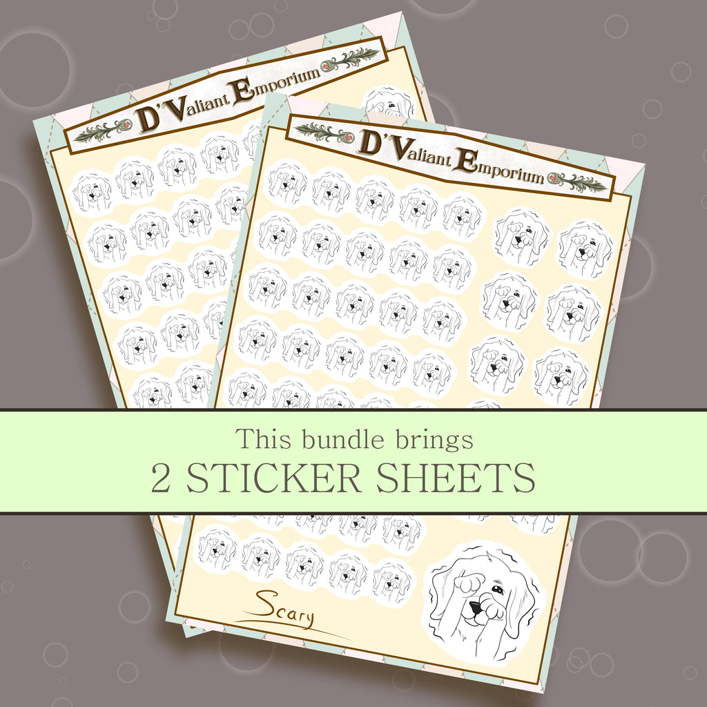 2 sticker sheets with scared dog image