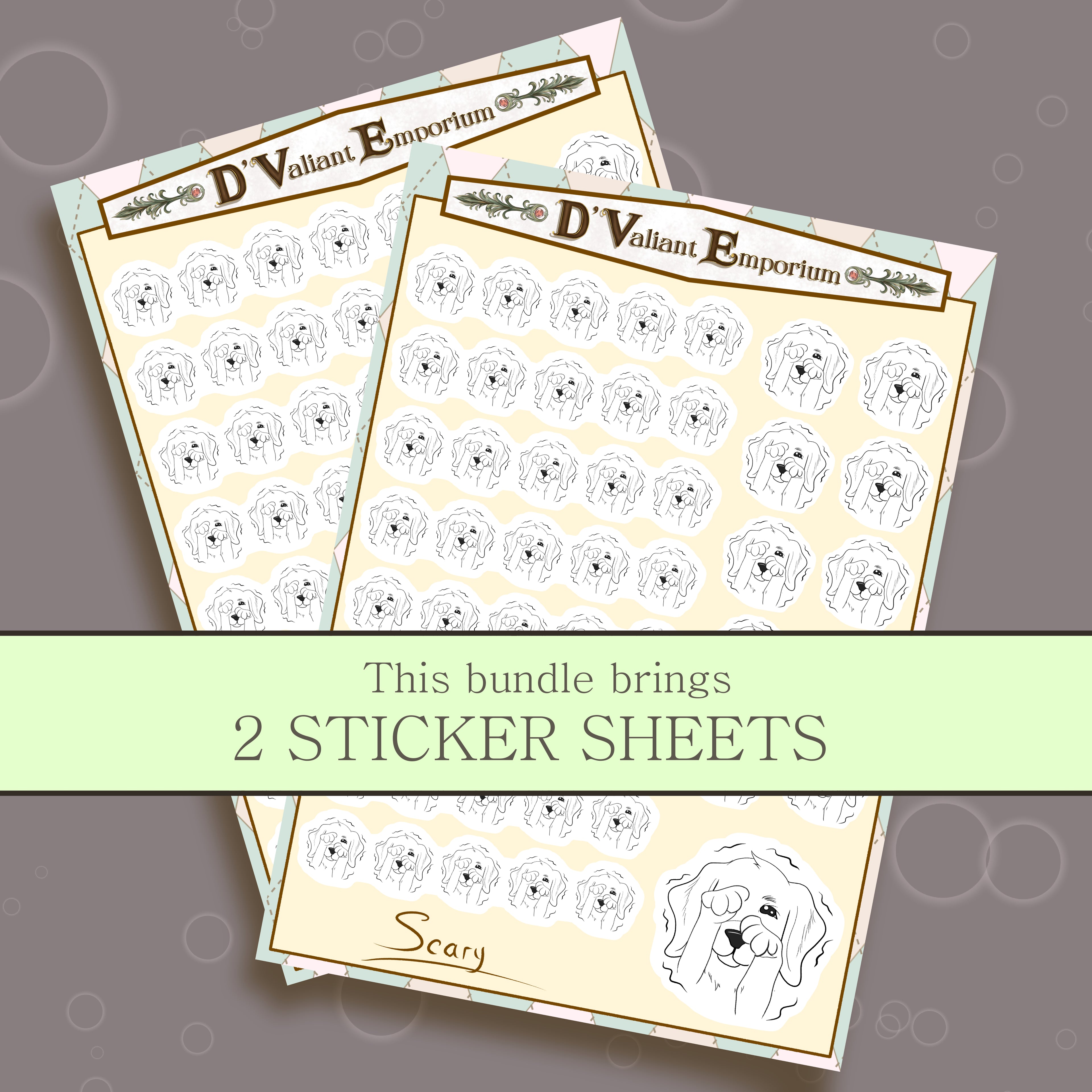 2 sticker sheets with scared dog image