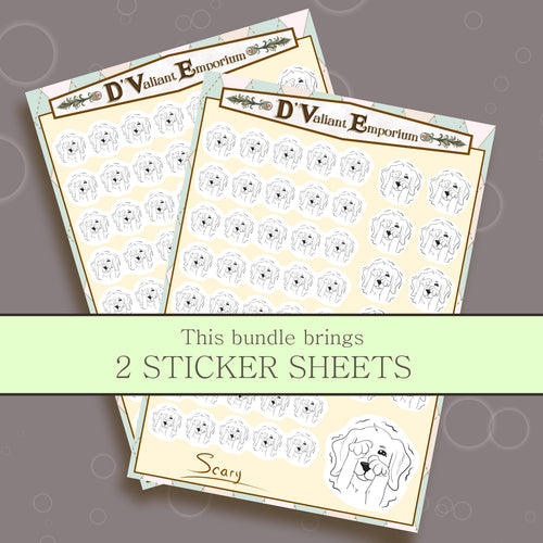 2 sticker sheets with scared dog image