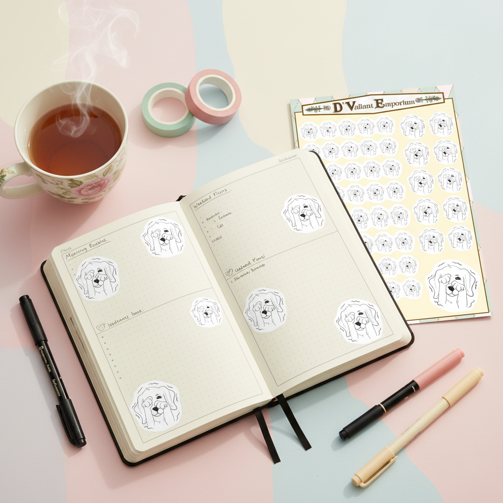 scared dog stickers in open notebook