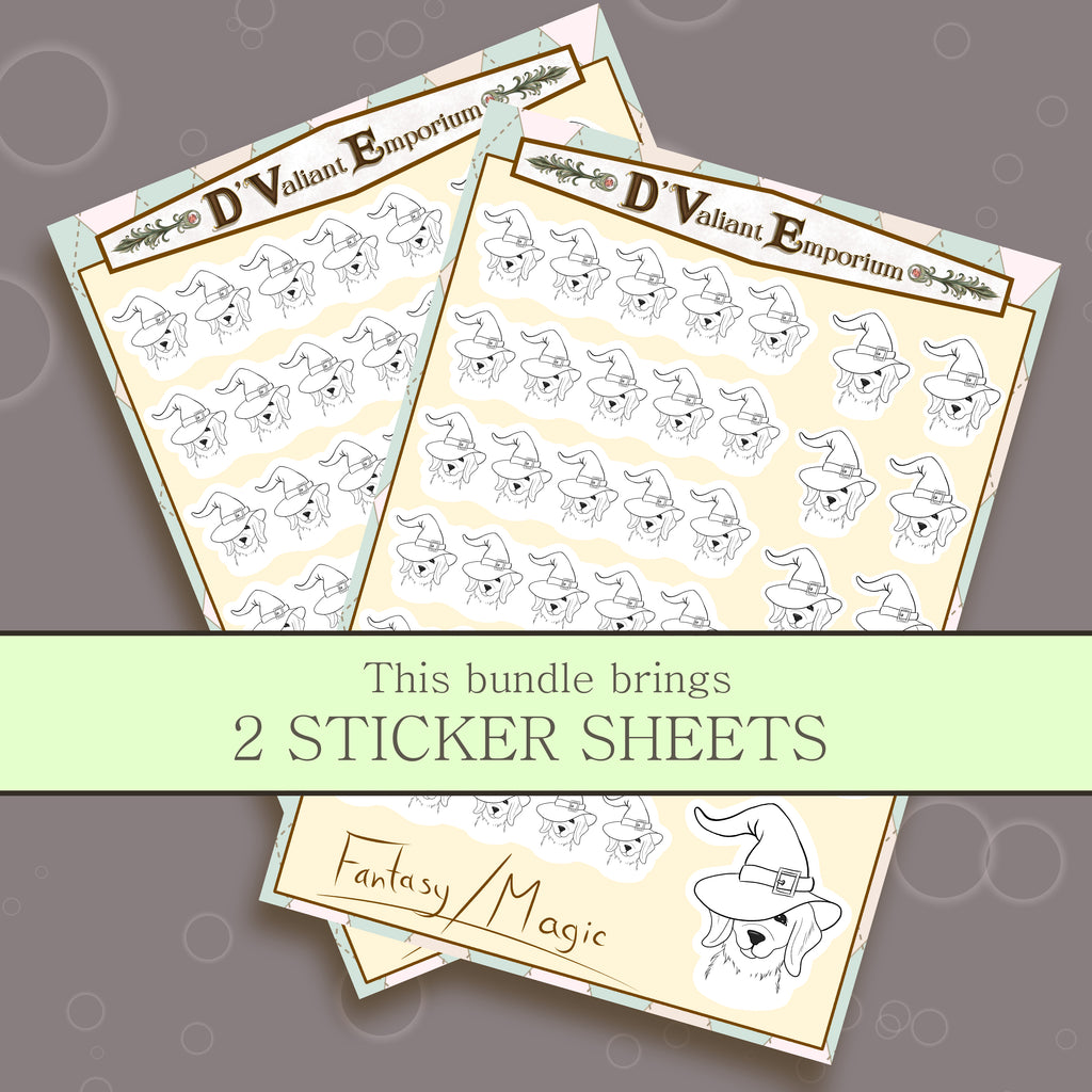 Two sticker sheets with 'D'Valiant Emporium' branding on a gray background.