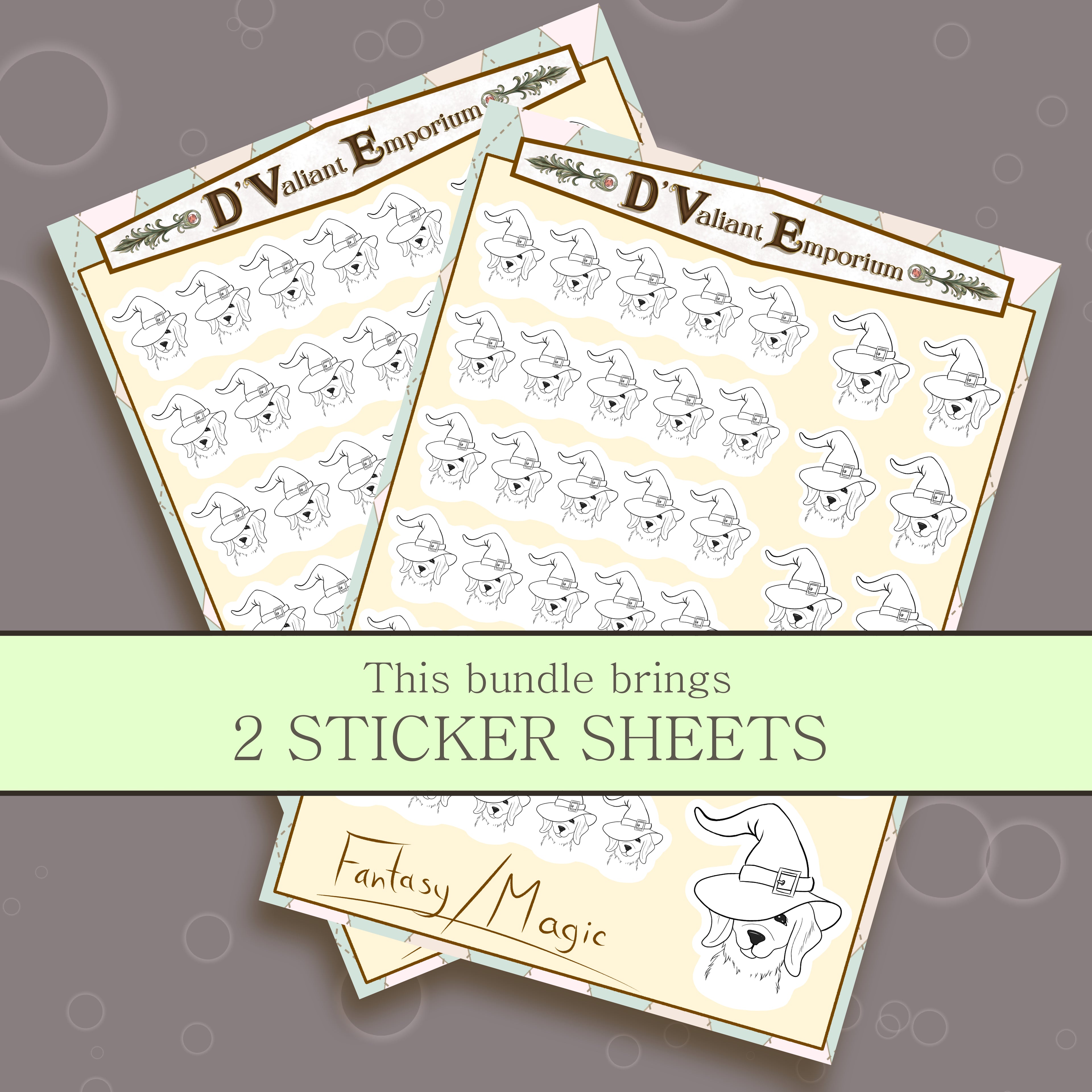 Two sticker sheets with 'D'Valiant Emporium' branding on a gray background.