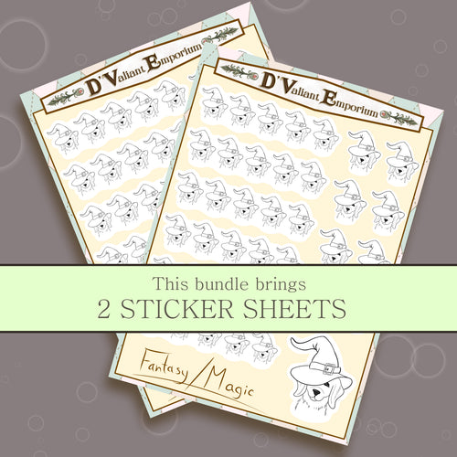 Two sticker sheets with 'D'Valiant Emporium' branding on a gray background.