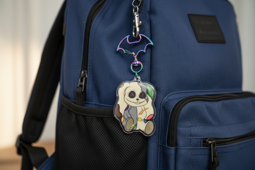 Blue backpack with a cute bunny rag doll keychain attached