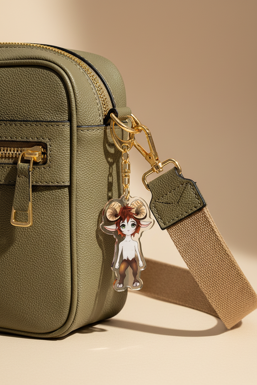 Green handbag with a keychain featuring a cartoon character on a beige background 