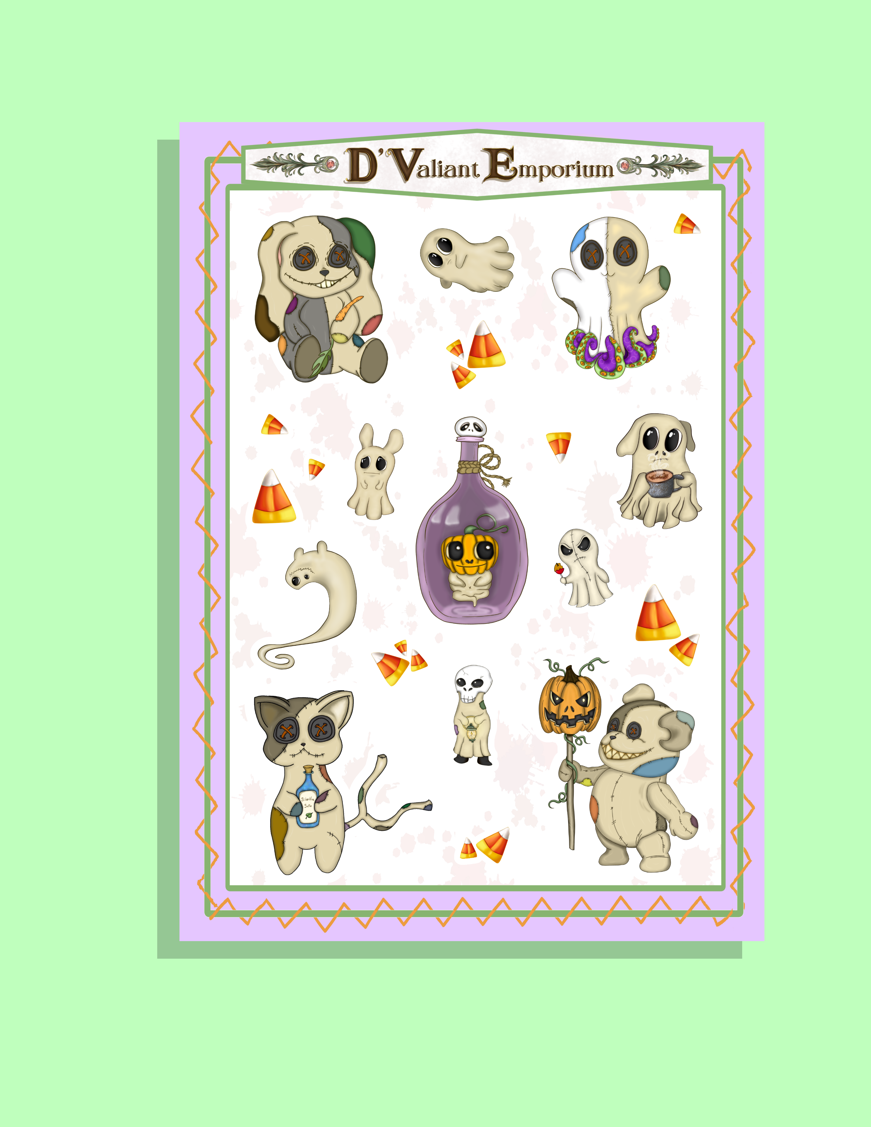 Sticker sheet with cartoon characters and Halloween-themed items on a green background