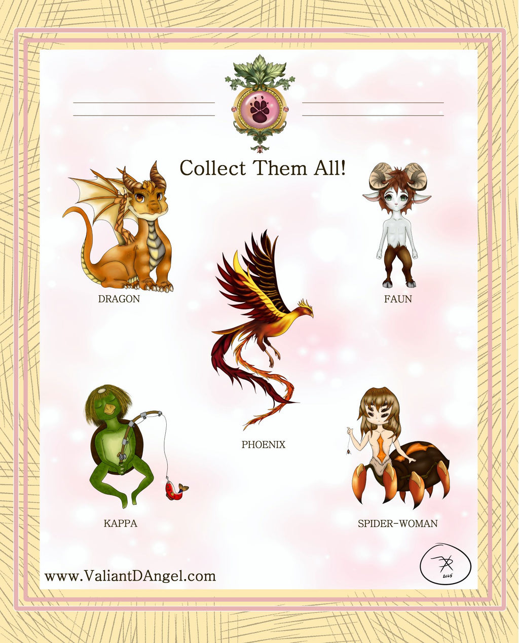 Illustrations of a dragon, phoenix, Kappa, and Spider-Woman with text 'Collect Them All!' and 'www.ValiantDAngel.com'.