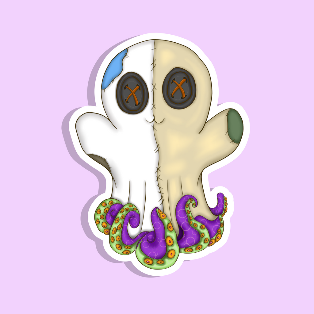 Cartoon ghost with purple octopus tentacles on a light purple background
