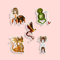 Set of five fantasy creature stickers on a pink background