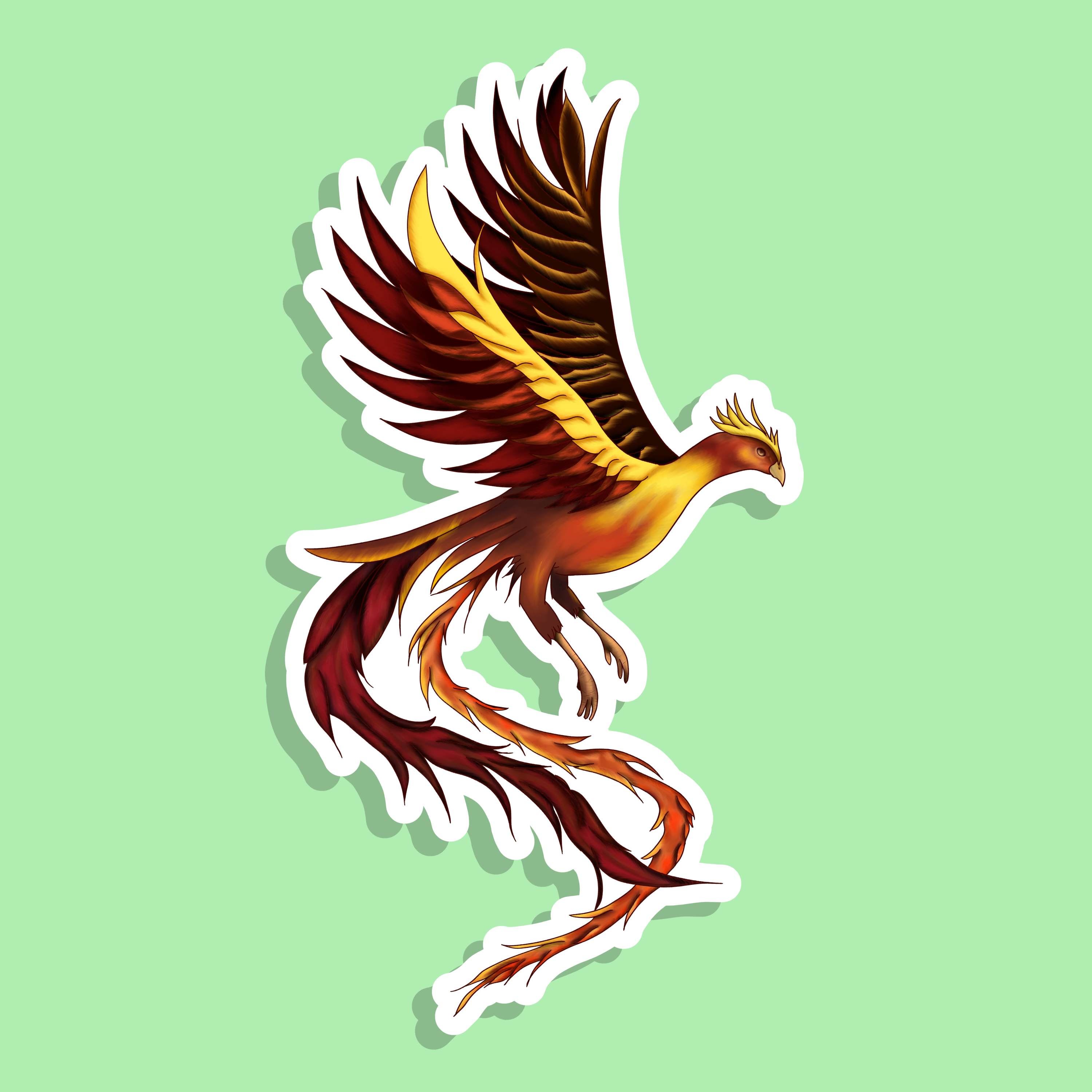  phoenix sticker with red and yellow colors on a green background