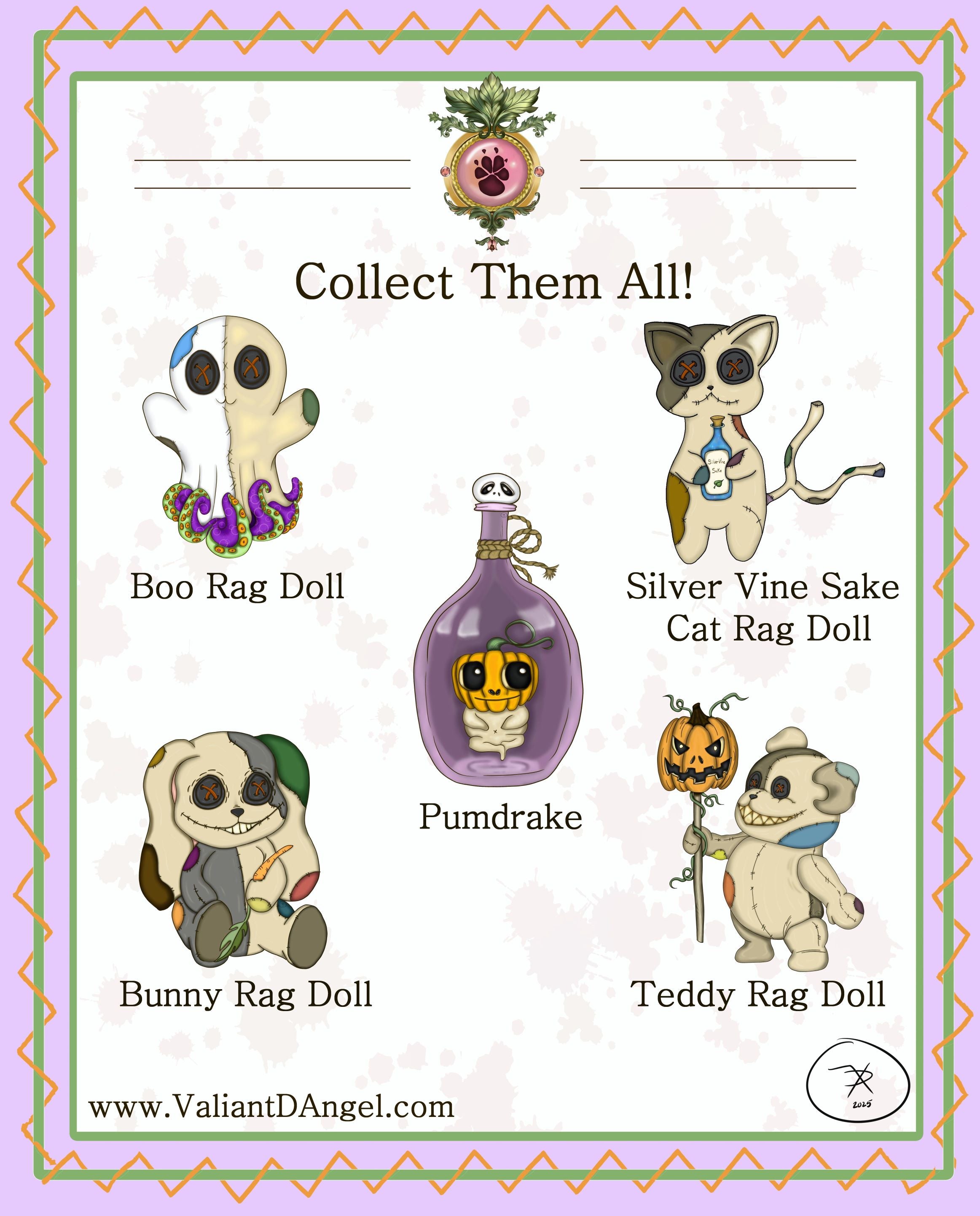 Promotional graphic for collectible rag dolls with decorative border and text 'Collect Them All!'.