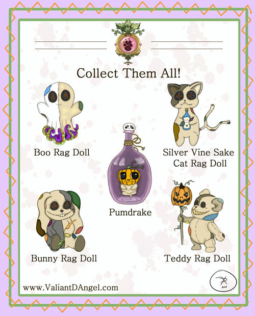 Promotional graphic for collectible rag dolls with decorative border and text 'Collect Them All!'.