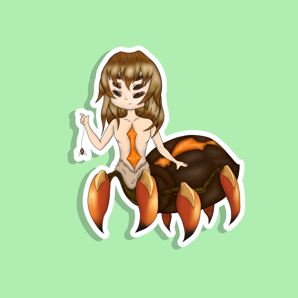 spider woman character with crab-like legs on a light green background