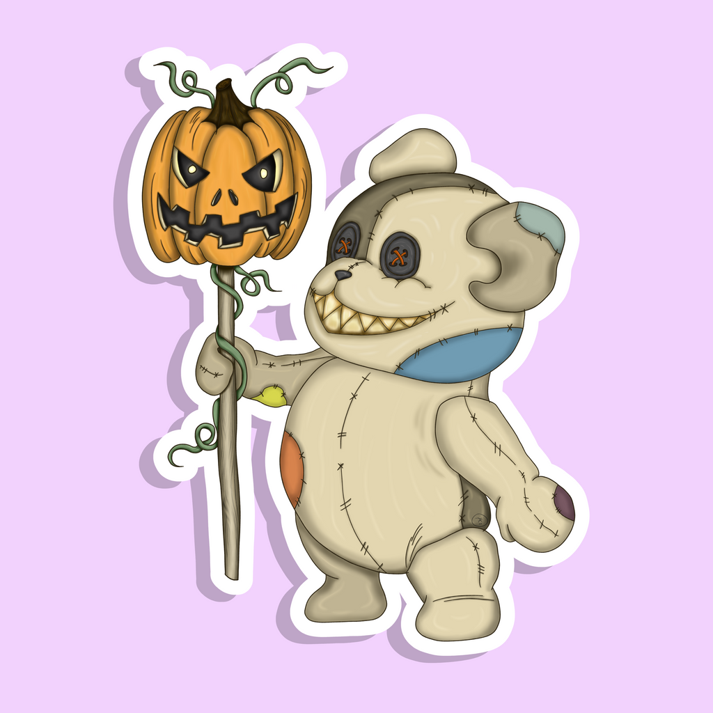 Cartoon teddy bear with a jack-o'-lantern on a purple background