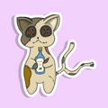 Cartoon cat with crossed-out eyes and a bottle on a pink background