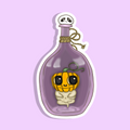 Cartoon pumpkin character in a bottle on a light purple background