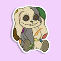 bunny rag doll with a happy expression on a light purple background