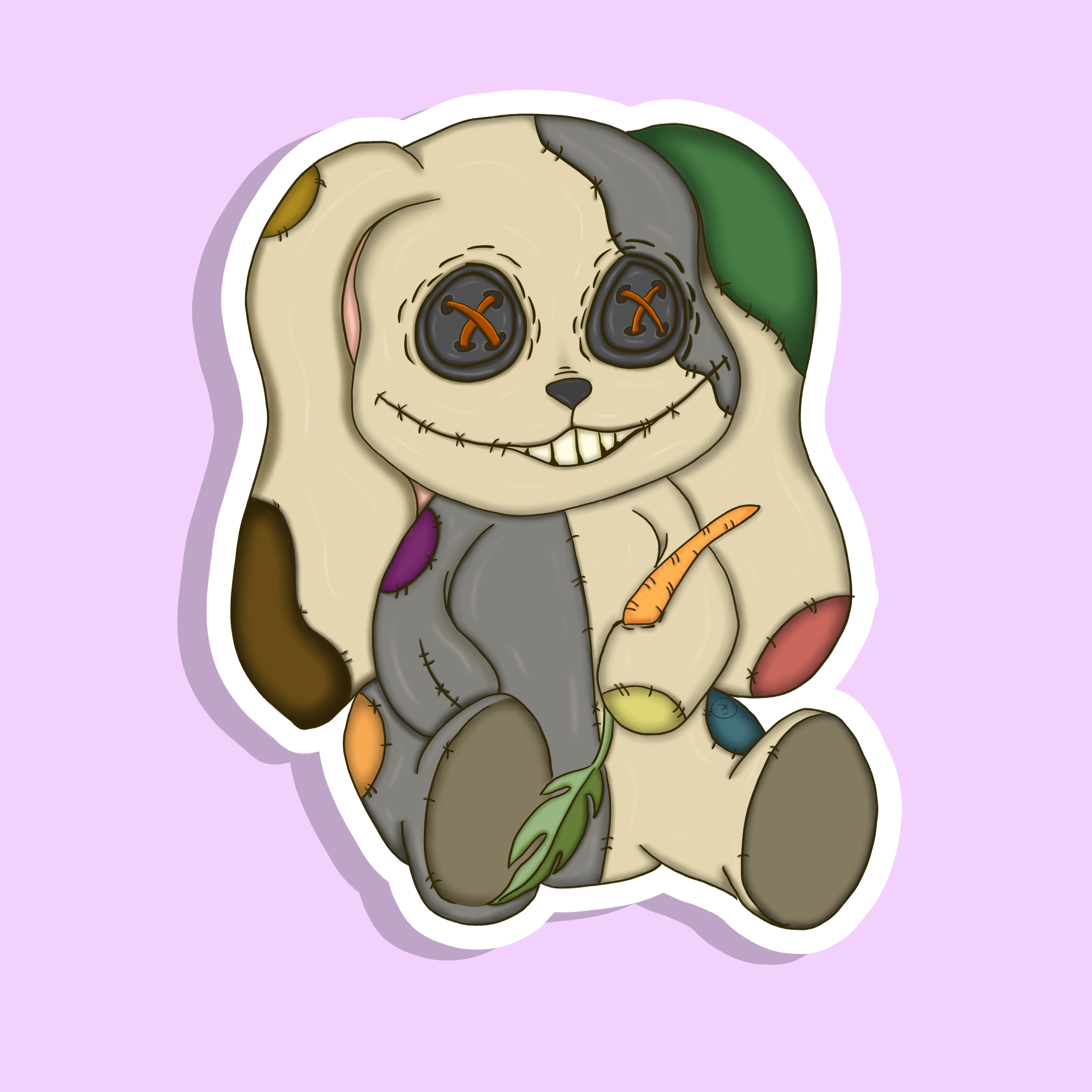 bunny rag doll with a happy expression on a light purple background
