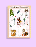 Sheet of stickers with various fantasy designs on a light pink background, framed by 'D'Valiant Emporium'.