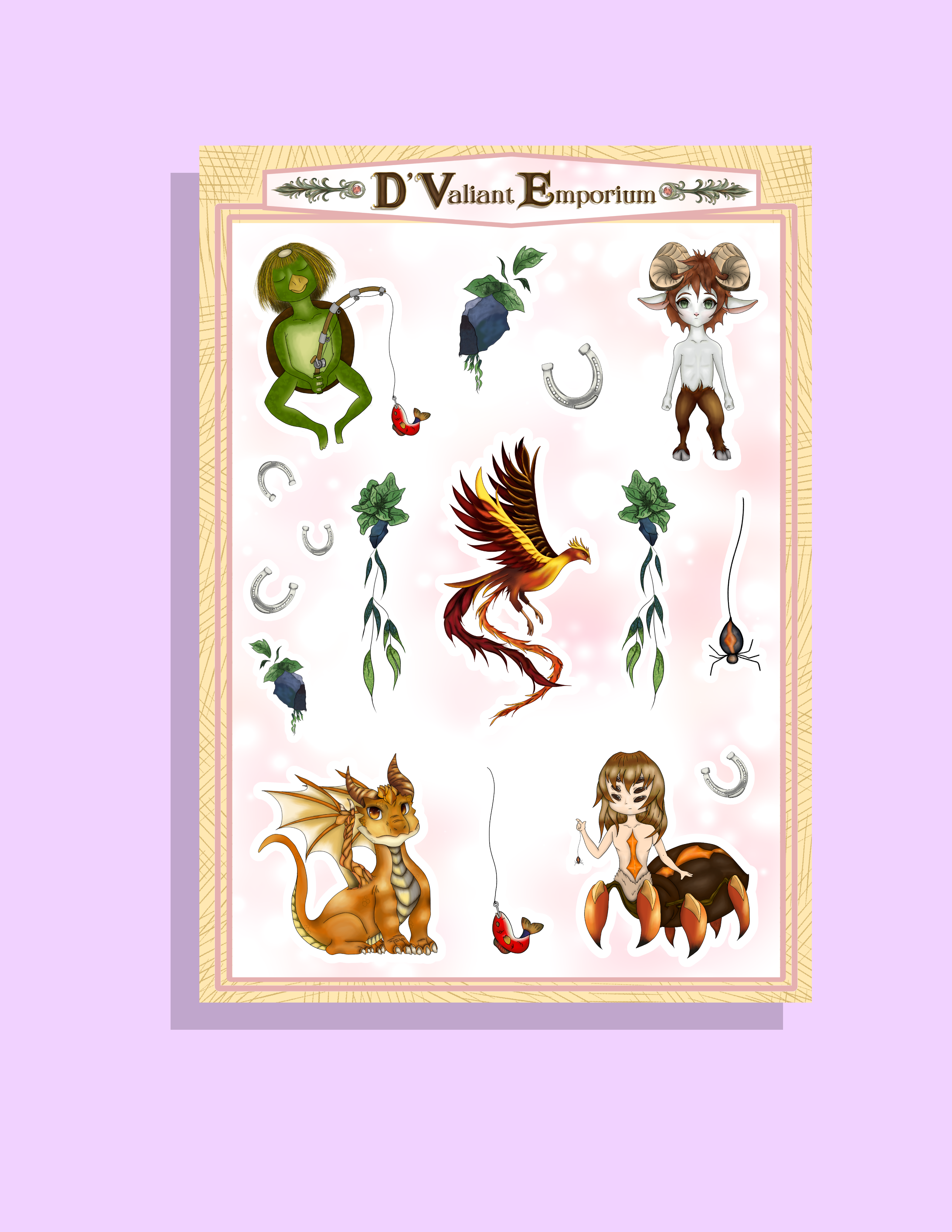 Sheet of stickers with various fantasy designs on a light pink background, framed by 'D'Valiant Emporium'.